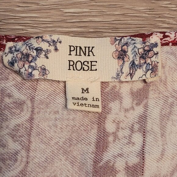 Pink Rose Floral Boho Shift Dress Size M Tie Sleeves Stretch Waist Country Girl - Picture 12 of 13